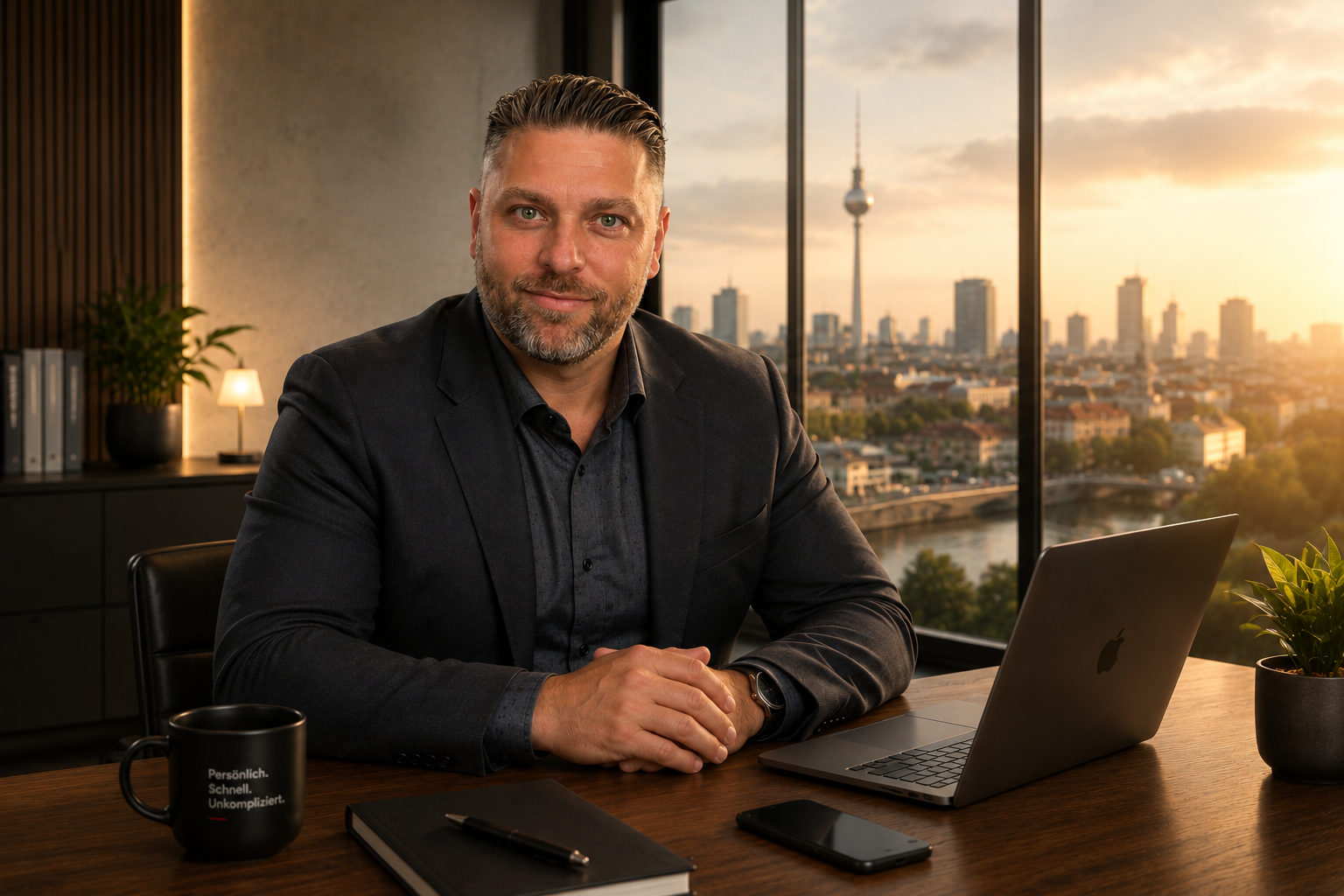 Kai Langzettel in einem modernen Büro mit Blick auf Berlin